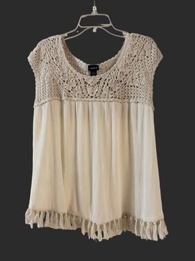 Torrid Cream Crochet Yoke Tassel-Hem Boho Tunic